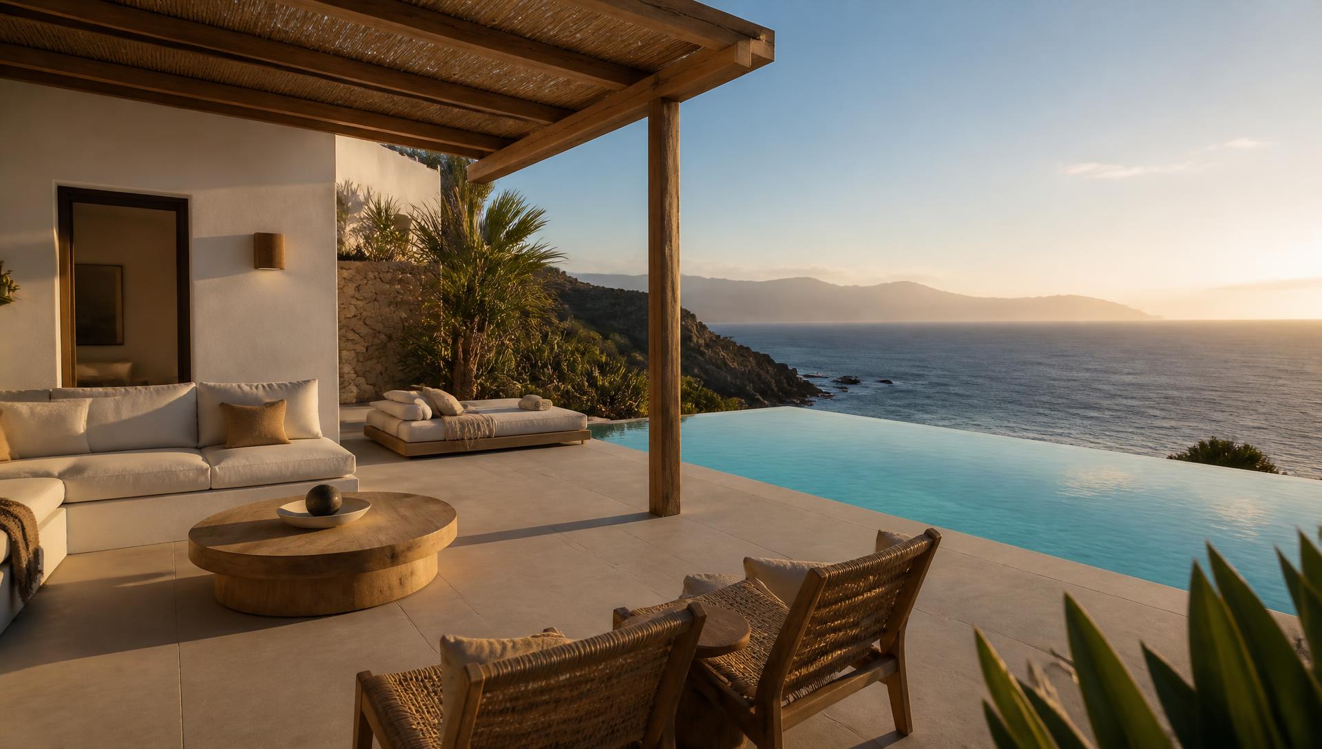 Terrace of a premium holiday home in Gran Canaria overlooking the Atlantic at sunset